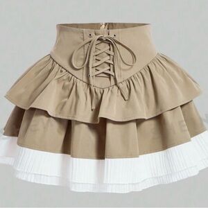 Tan and white skirt with lace up detail #coquette #jfashion